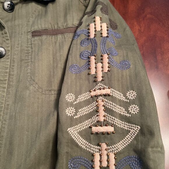 EUC Anthropologie Hei Hei Beaded Embroidered Olive Green Utility Jacket Sz SMALL - Picture 2 of 9